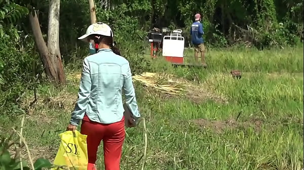 Secretly filming the couple hoping that the neighbor sister will go to the field to cut rice